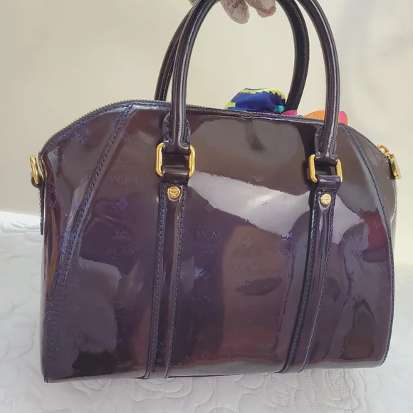 MCM Patent Embossed Satchel Crossbody Bag Ombre Brown Blue Purple - Picture 2 of 16